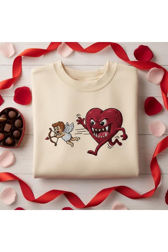 Cupid Monster Heart Embroidered Sweatshirt, Funny Dark Valentine's Day Jumper, Anti-Romance Gift, Sarcastic Love Sweater