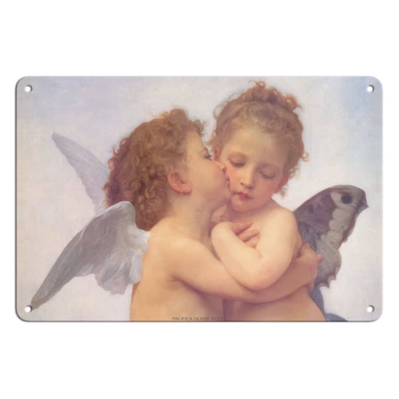Cupid and Psyche (L'Amour et Psyche Enfants) - First Kiss - From an Original Color Painting by William Adolphe Bouguereau c.1890 - 8 x 12 inch Vintage Metal Tin Sign