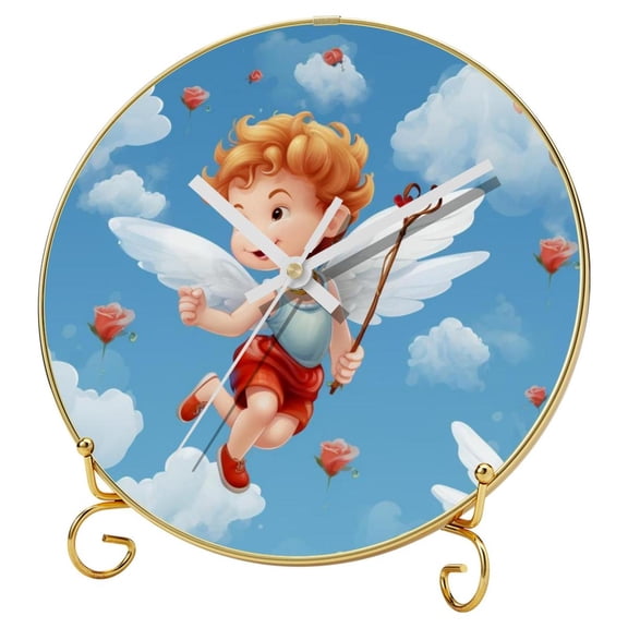 Cupid Round Printed Wall Clocks with Hooks and Gold Stand - Silent Non Ticking Clocks for Office, Home and Kitchen