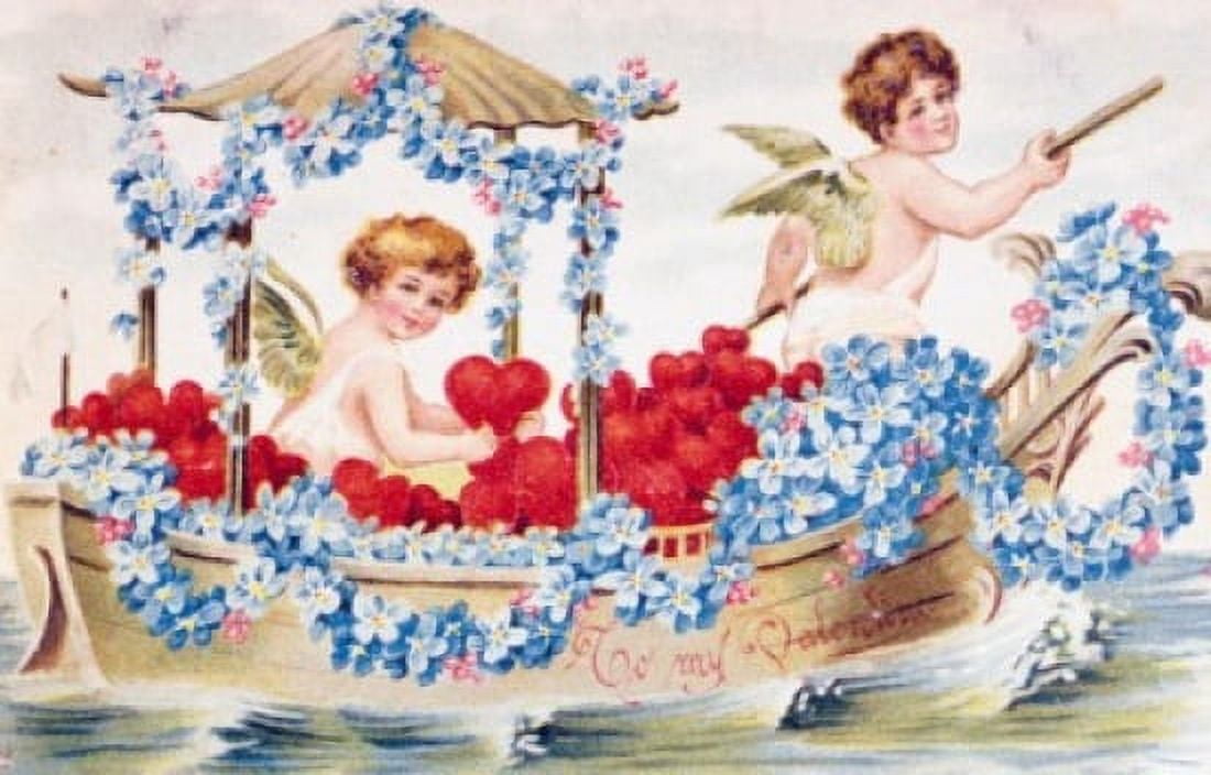 Cupid Rowing Boat Nostalgia Cards 1900 Canvas Art - (18 x 24)