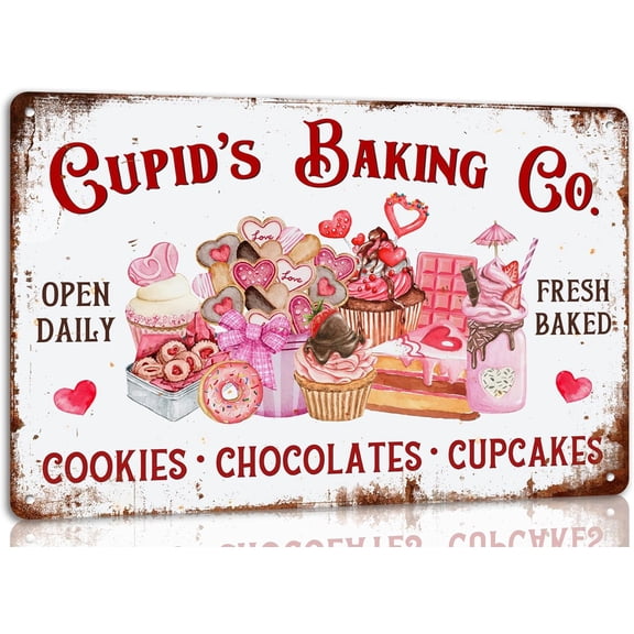 CupidS Baking Co Metal Tin Sign Cookies Chocolate Cupcake Valentine's Day Sign for Home Kitchen Restaurant Farmhouse Coffee Bar Wall Decor Decoration Art Sign Vintage Poster 8x12 Inch