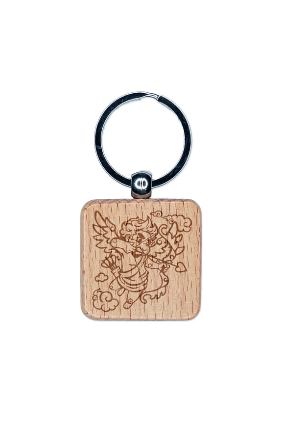 Cupid Shooting Love Arrow for Valentine's Day Square Keychain Charm Tag - Engraved Wood