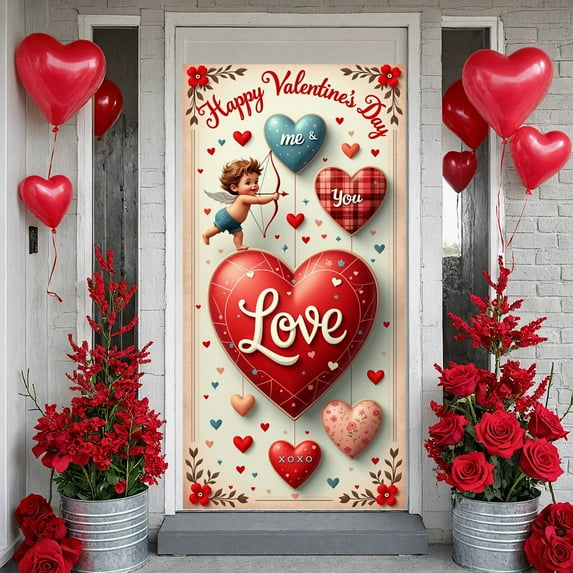 Cupid Themed Valentine Banner Heart-shaped Love Display Red Color Romantic Heart Backdrop for Valentine's Day Party Romantic Date Wedding Anniversary