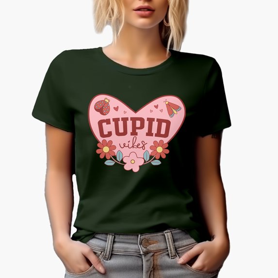 Cupid Vibes with Flowers & Lady Bug, Retro Valentine's Day or Valentine Gift, Military Green T-Shirt, XL