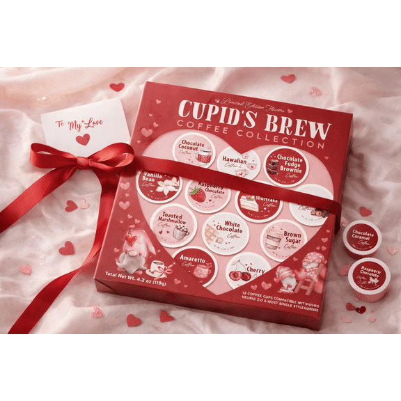 Cupids Brew Coffee Collection Limited Edition 12-Pack Assorted Flavored Single Serve Coffee Pods Valentines Gift Box Compatible with Most Brewers