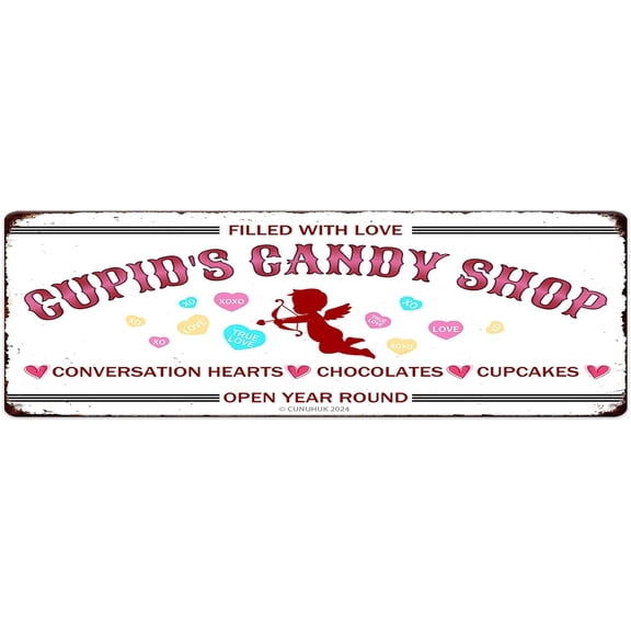 Cupid's Candy Shop Metal Tin Signs Filled With Love Quotes Valentine's Day Wall Art Decoration Home Farmhouse Coffee Bar Kitchen White Day Decor Heart Print Retro Hanging Plaque 4"x16"
