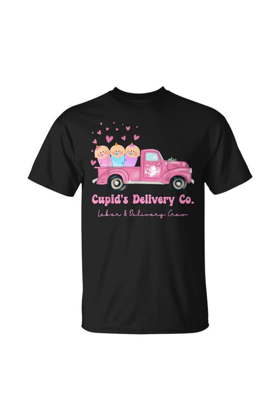Cupid's Delivery Co L&D Crew Valentine's Day Truck Graphic Cotton Tee Unisex Adult Casual Healthcare Worker Comfortable T-Shirt for Everyday Wear, Size S, Color Black