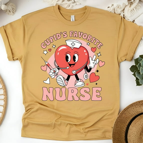 Cupid’s Favorite Nurse Graphic T-Shirt with Heart Cartoon Design, Gold, Size L