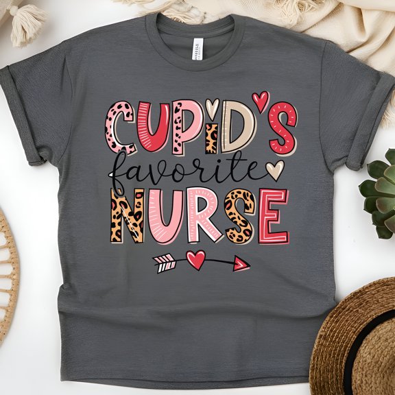 Cupid’s Favorite Nurse Graphic T-Shirt with Hearts and Arrow Design, Dark Heather, Size 2XL