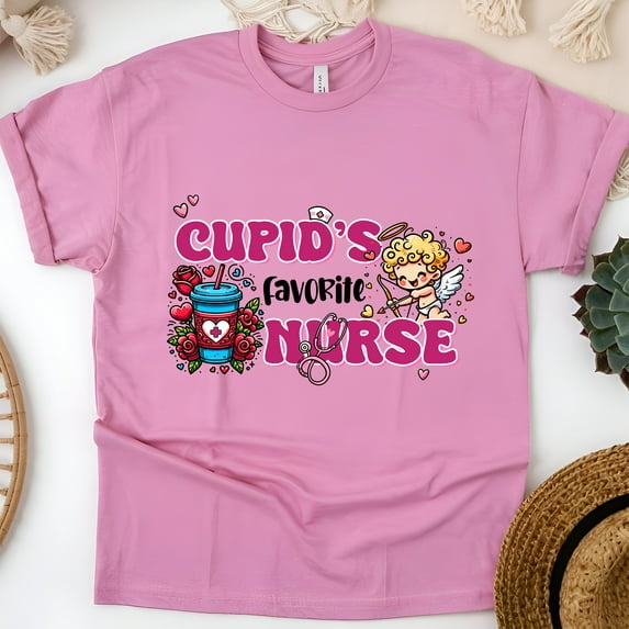 Cupid’s Favorite Nurse T-Shirt | Cute Valentine Graphic Tee for Nurses, Azalea, Size M