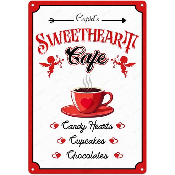 Cupid's Sweetheart Cafe Metal Sign Valentines Day Decor Funny Art Poster for Home Cafe Bar Kitchen Door Porch Yard White Day Decorations 12x8 Inch Aluminium Hanging Plaque