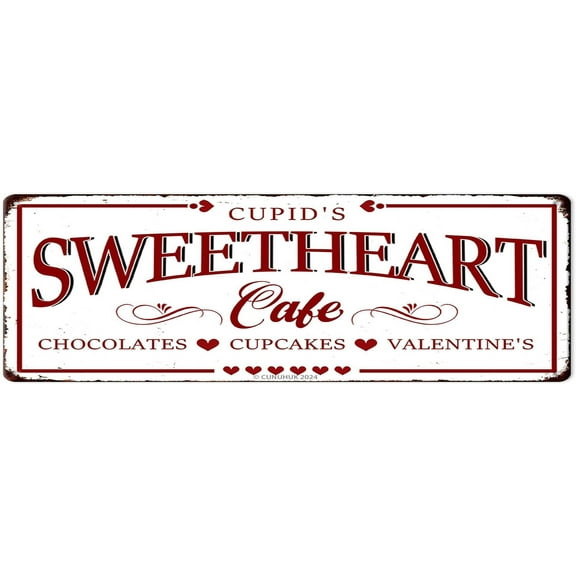 Cupid's Sweetheart Cafe Metal Tin Signs Valentine's Day Wall Art Decoration Home Farmhouse Coffee Bar Cafe Kitchen Candy Shop Decor Love Heart Print Hanging Plaque 4"x16"