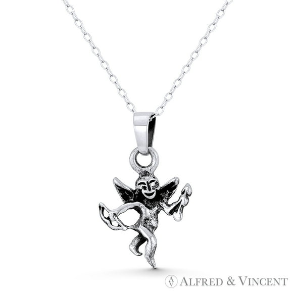 Cupid w/ Bow & Arrow Winged Angel / Cherub 25x15mm (1x0.6n) Pendant & Chain Necklace in Oxidized .925 Sterling Silver