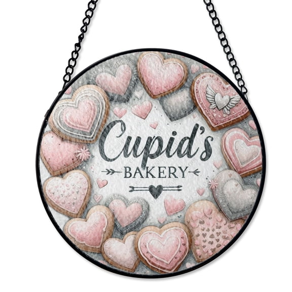 Cupids Bakery Valentine Sweets Theme Suncatcher, Stained Glass Style, UV Printed Glass, Romantic Kitchen Decor Gift, Round
