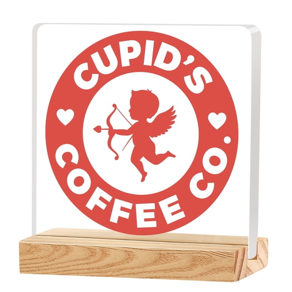 Cupids Coffee Co Desk Sign Acrylic Wood Base Decor Home Office Coffee Bar Kitchen Shelf Counter Room Accessories Gifts For Women Men Couples C113