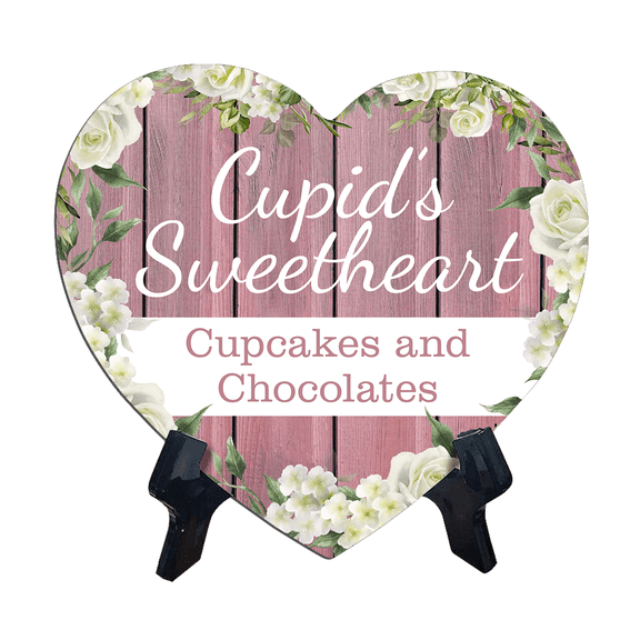 Cupids Sweetheart Cupcakes and Chocolates Heart Shape Table Sign (6x5.4) | Loving Anniversary Table Signs