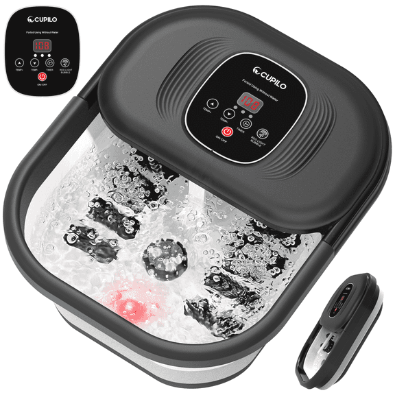 Cupilo Collapsible Foot Spa Massager with Heat, Bubble, Red Light, Vibration, Temperature Control, Timer, Pedicure Foot Bath Massager Soaker with 8 Shiatsu Massage Roller for Relaxation Stress Relief