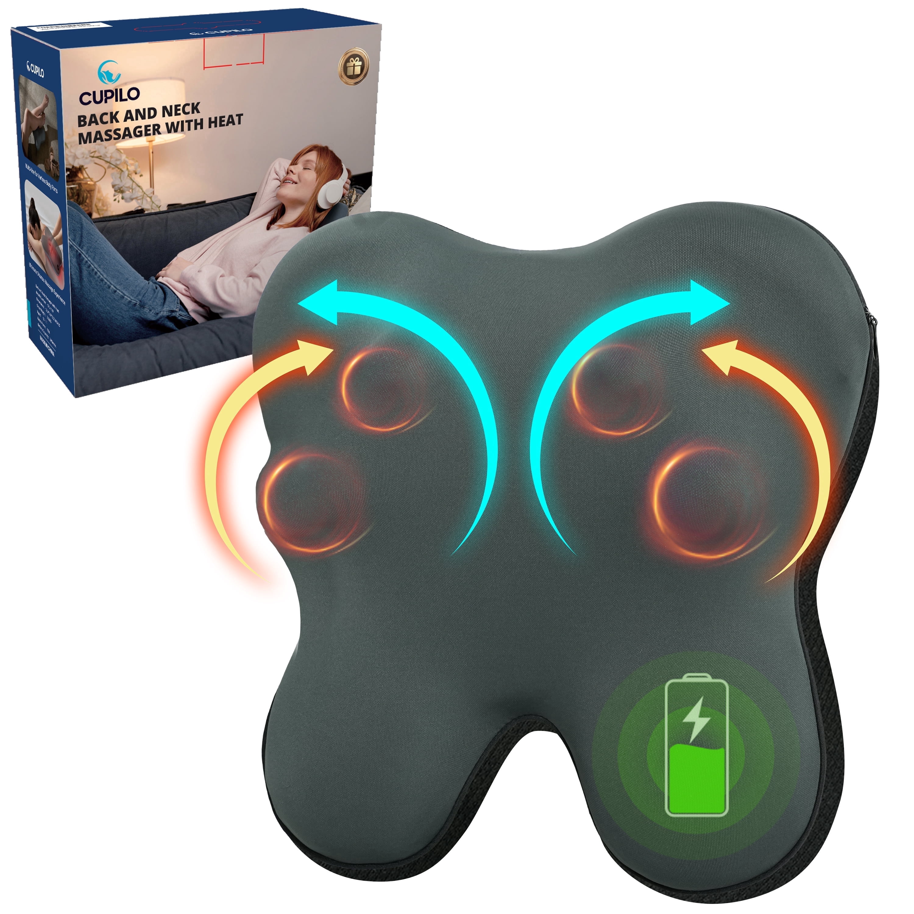 CuPiLo Cordless Back Massager, Shiatsu Neck and back Massager with Heat for Muscle Pain Relief, Kneading Massage Pillow for Neck, Back, Shoulder, Fathers Day Dad Gifts for Men Husband