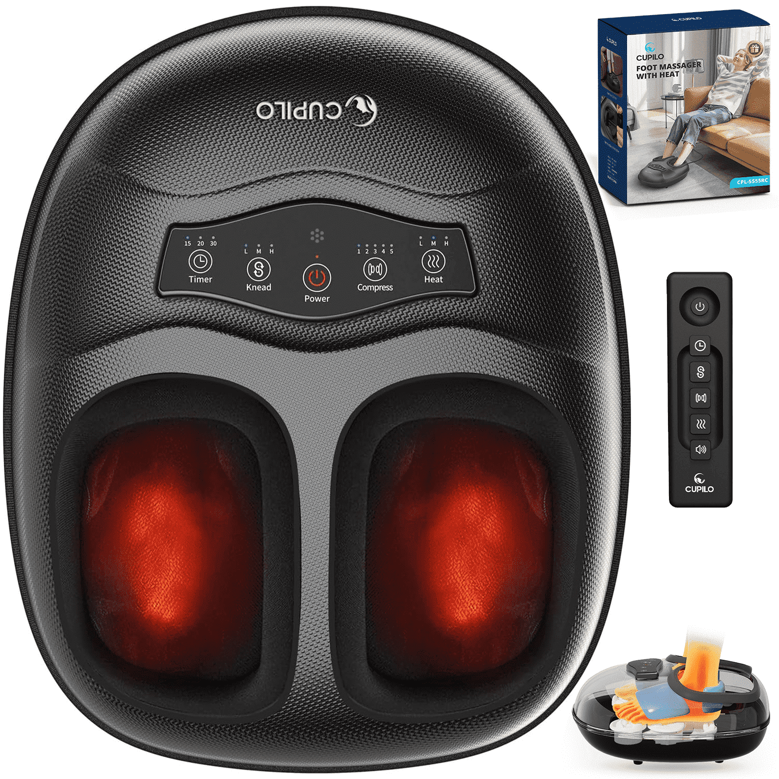 Cupilo Shiatsu Foot Massager, Feet Massager Machine with Remote Control, 3 Heat Levels, 5 Deep Kneading Therapy Pressure for Plantar Fasciitis, Neuropathy, Blood Circulation