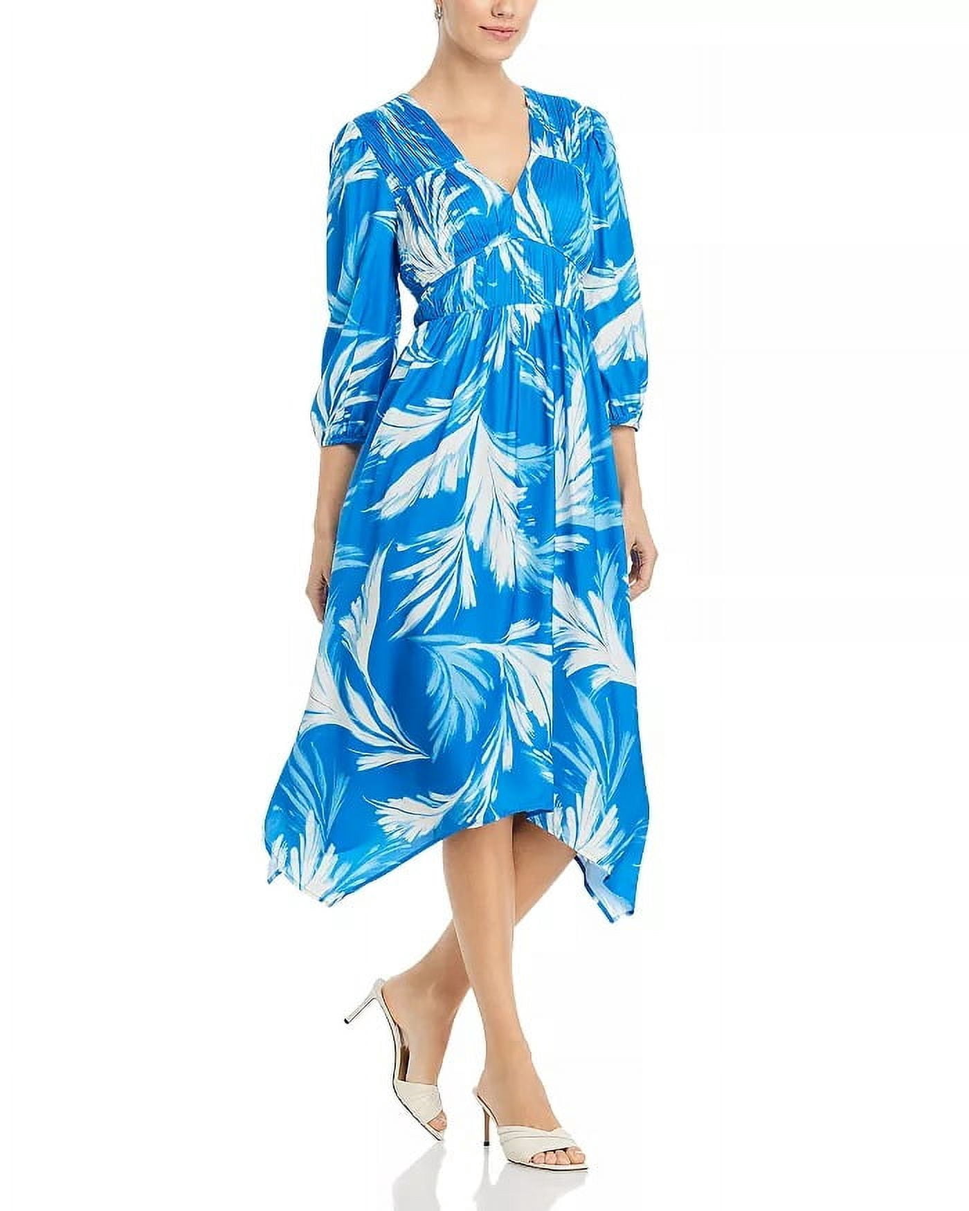 Cupio Blue Floating Feather Women's V Neck Pleated Dress, US X-Large