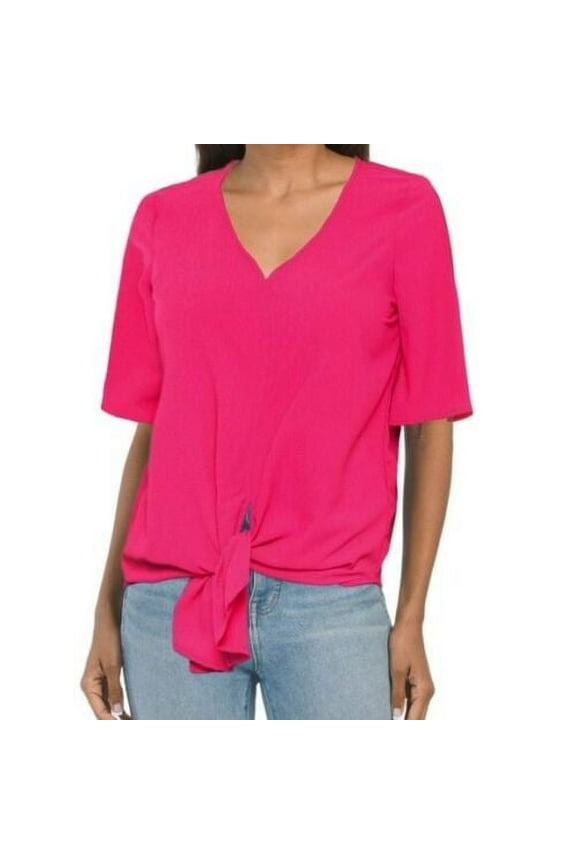 Women's V-neck Tie Front Textured Pink Shirt Blouse Top