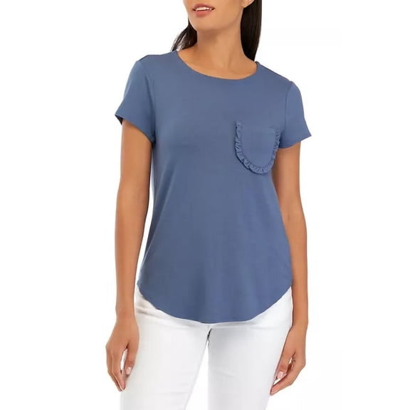 Cupio Crew Neck Cap Sleeve Chest Pocket Stretch Crepe Top