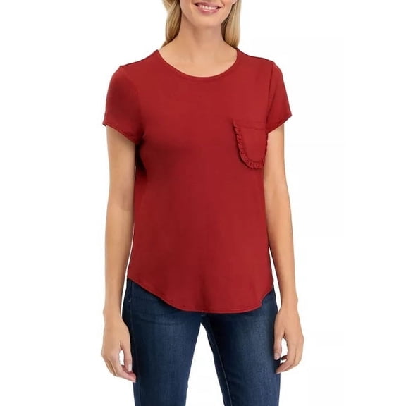 Cupio Crew Neck Cap Sleeve Chest Pocket Stretch Crepe Top