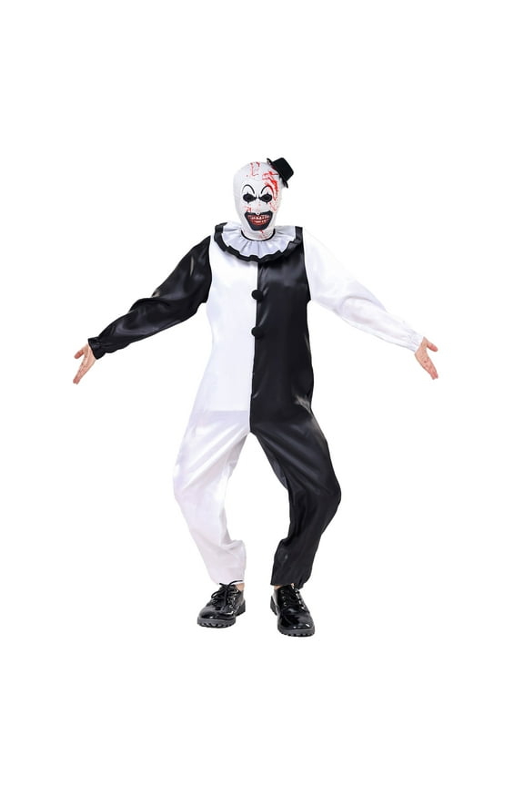 Unisex Kid Clown Costume Jumpsuit Black and White Halloween Outfit Scary Killer Cosplay with Mask Hat