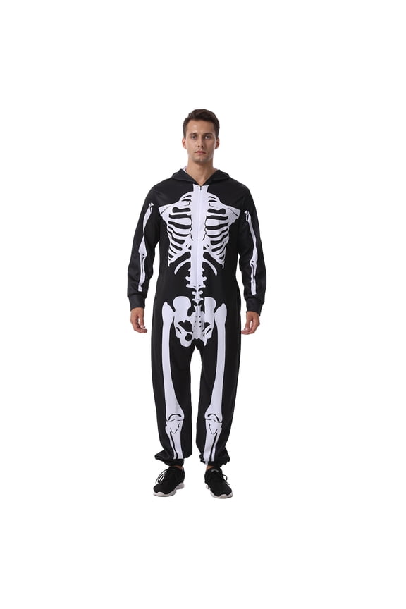 Unisex Kid Skeleton Costume Jumpsuit Black and White Halloween Outfit Scary Killer Cosplay with Mask Hat