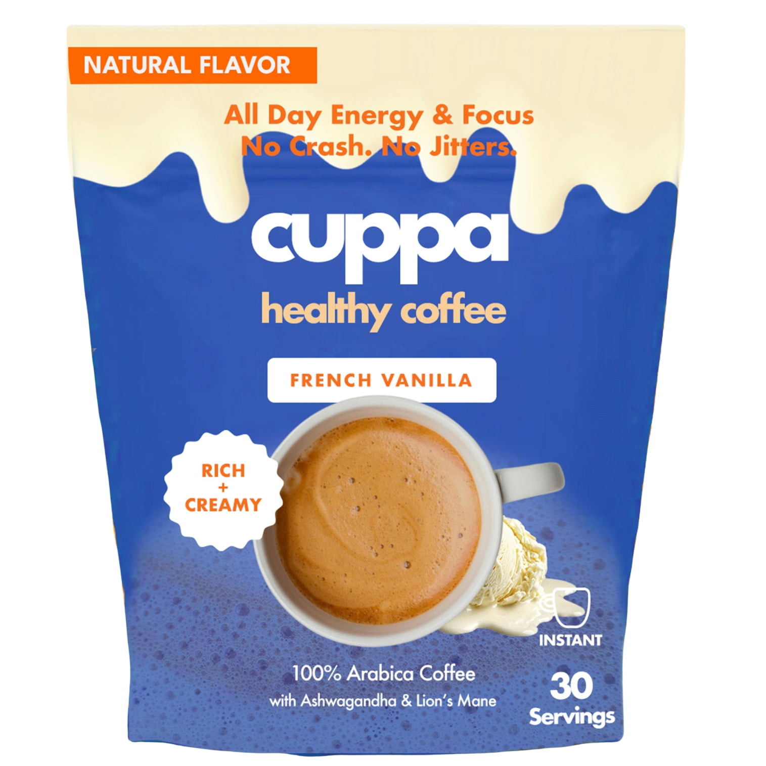 Cuppa French Vanilla Healthy Mushroom Insant Coffee with Lion's Mane & Ashwagandha for All Day Energy & Focus - No Crash or Jitters (30 Servings)