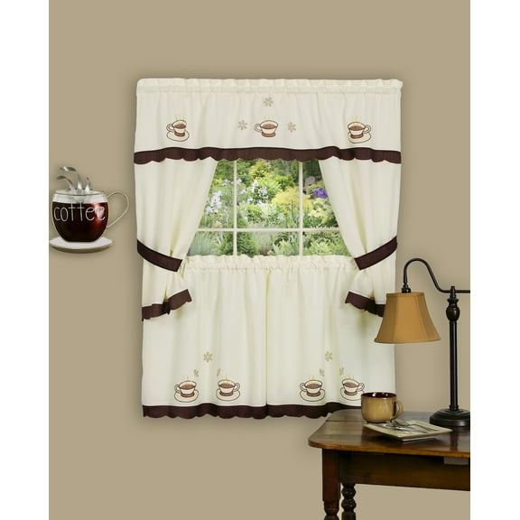 Cuppa-Joe Window Kitchen Curtains 3-Piece Embellished Cottage Set - 56" (W) x 36" (L), Brown