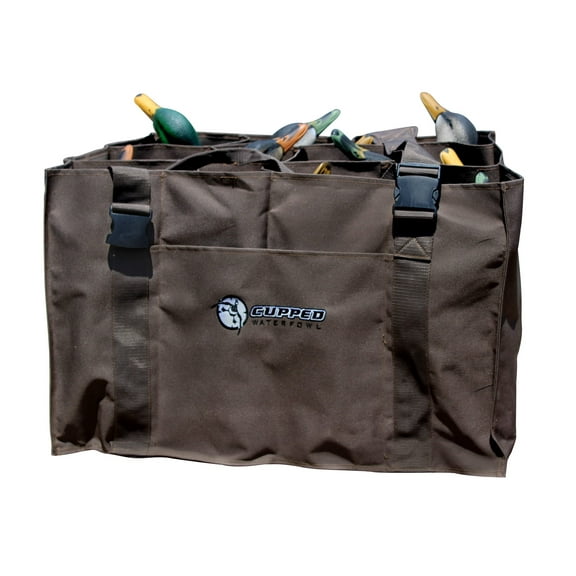 Cupped Waterfowl 12 Slot Duck Decoy Bag, Camo Hunting Bag with 12 Individual Slots for Duck Decoys and Tough Coated Mesh Ventilated Bottom, Brown