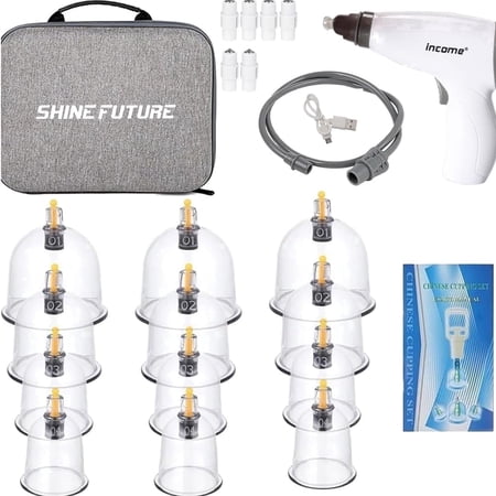 Shinefuture Cupping Set 12 Cups, Cupping Kit with Extension Tube and Electric Pump, Instructions for Use, with Elegant Fabric Pouch