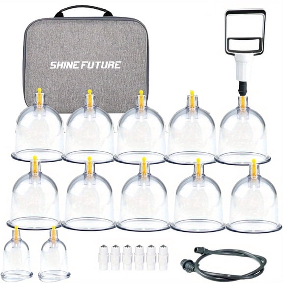Shinefuture Cupping Set 12 Cups, Professional Cupping Kit with Extension Tube and Manual Pump,with Elegant Fabric Pouch,12