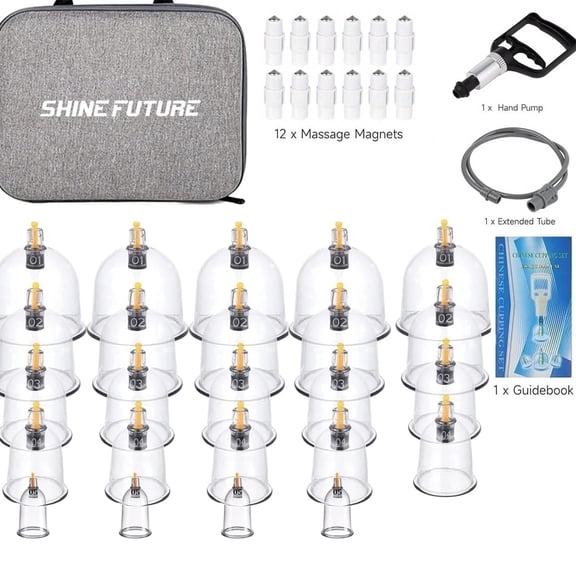 Shinefuture Cupping Set 24 Cups, Cupping Kit with Extension Tube and Manual Pump, Instructions for Use, with Elegant Fabric Pouch 24