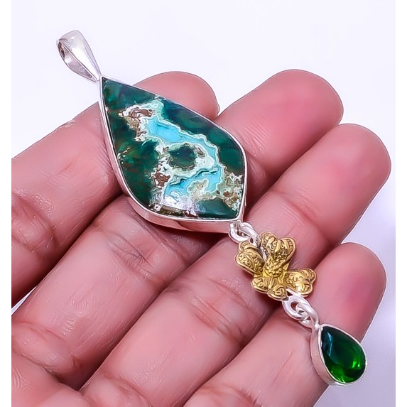 Cuprite Chrysocolla 925 Sterling Silver Two Tone Gold Plated Pendant 3.20" A356, Beautiful Jewelry For Woman, New Year Sale, Valentin's Day Gift