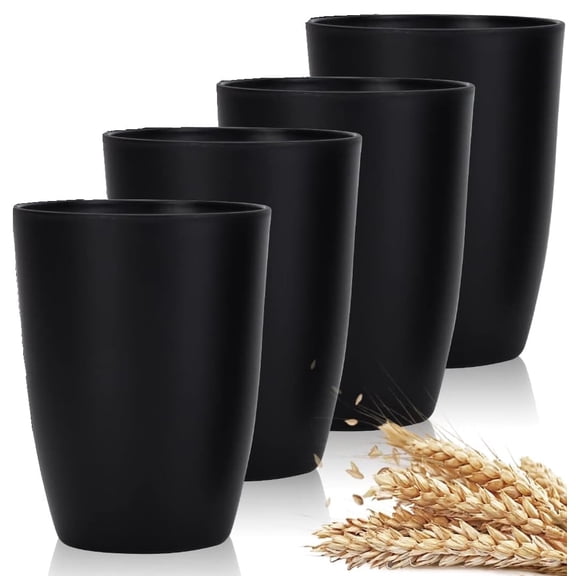 Cups Reusable 4 Pieces, Unbreakable Water Drinking Cup, Wheat Straw Cups, Drinking Glasses for Indoor Outdoor Travel Adult Light Weight Easy to Carry BPA Free (Black,16oz)