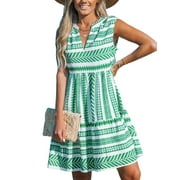 Cupsh Women's V Neck Beach Dress Ruffle A Line Geometric Pattern Striped Mini Summer Dresses