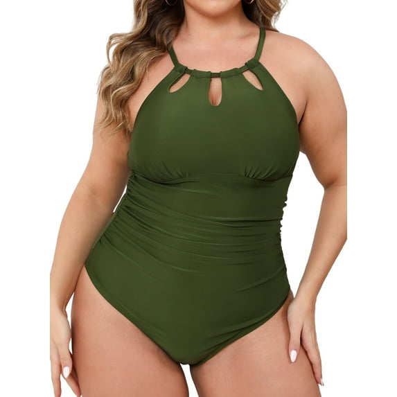 Cupshe Plus Size One Piece Swimsuit for Women High Neck Cutout Bathing Suit Self Tie Curvy Slimming Swimwear