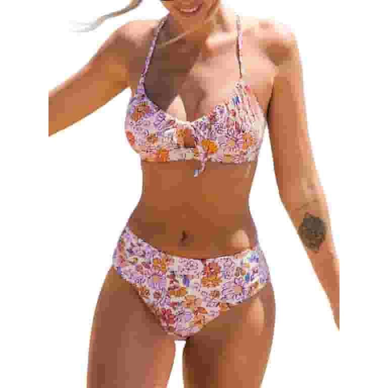 【関税送料込】CUPSHE Floral Ribbed & Mesh 水着 Cupshe Women's Floral Bikini Set, Mid Waisted Bottom