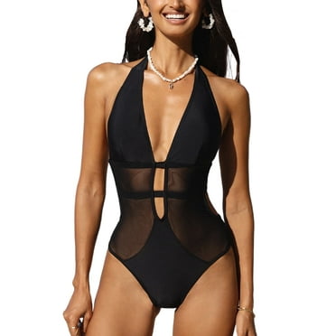 Cupshe Women Mesh Plunging Halter One Piece Swimsuit, S