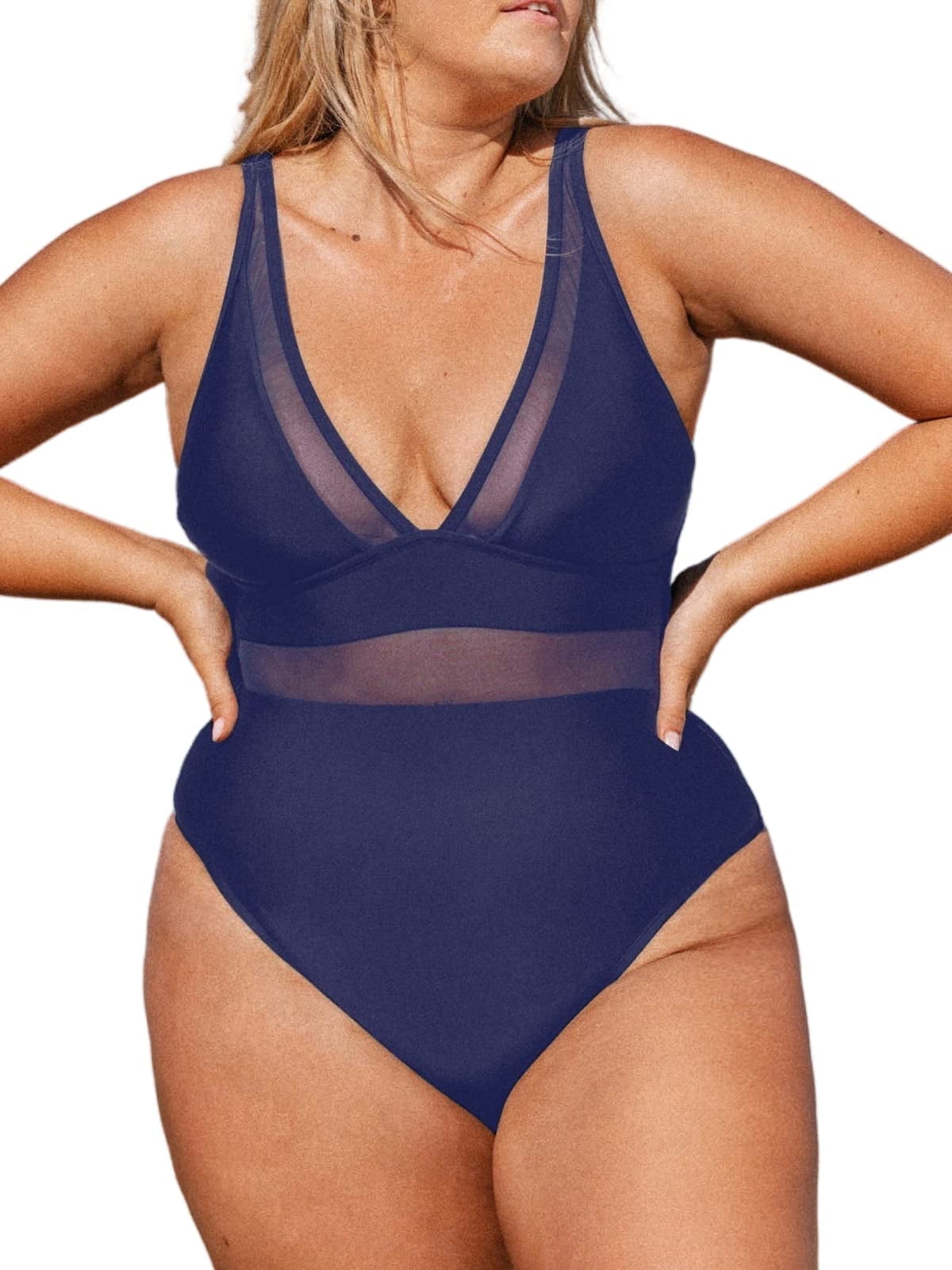 Cupshe Women Plus Size One Piece Swimsuit V Neck Mesh Sheer Tummy Control  Bathing Suit with Adjustable Wide Straps 