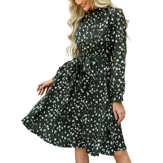 Cupshe Women's A Line Midi Dress Flowy Swing Speckled Print Long Sleeve High Neck Ruffle Fall Dress Multicoloured