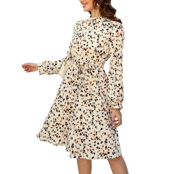 Cupshe Women's A Line Midi Dress Flowy Swing Speckled Print Long Sleeve High Neck Ruffle Fall Dress Multicoloured