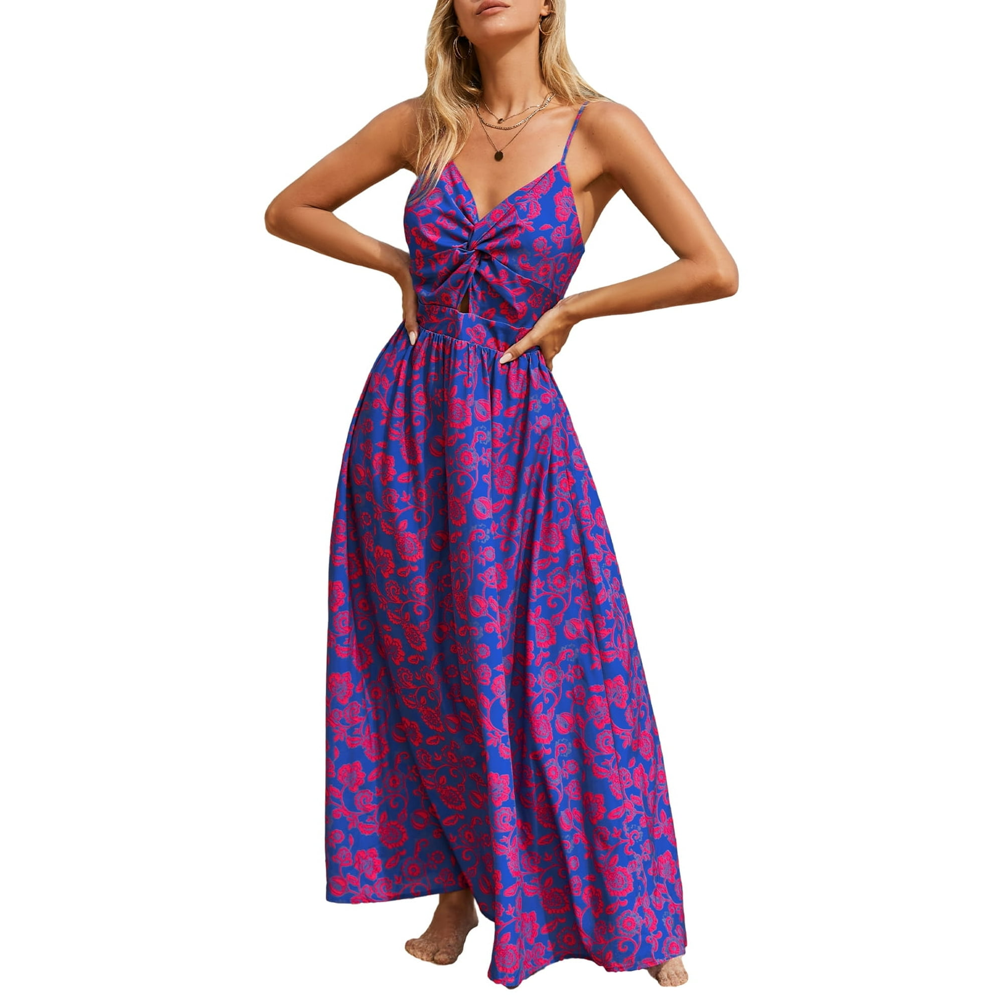 woman wearing purple and red pattern maxi dress