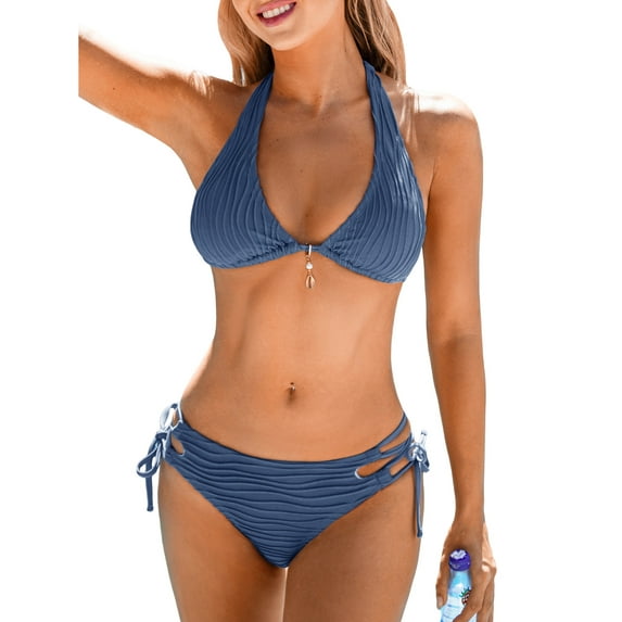 Cupshe Women's Bikini Sets Two Piece Swimsuit Plunging Neck Halter Low Rise Cheeky Bottom Strappy Side Tie, Size S-XL