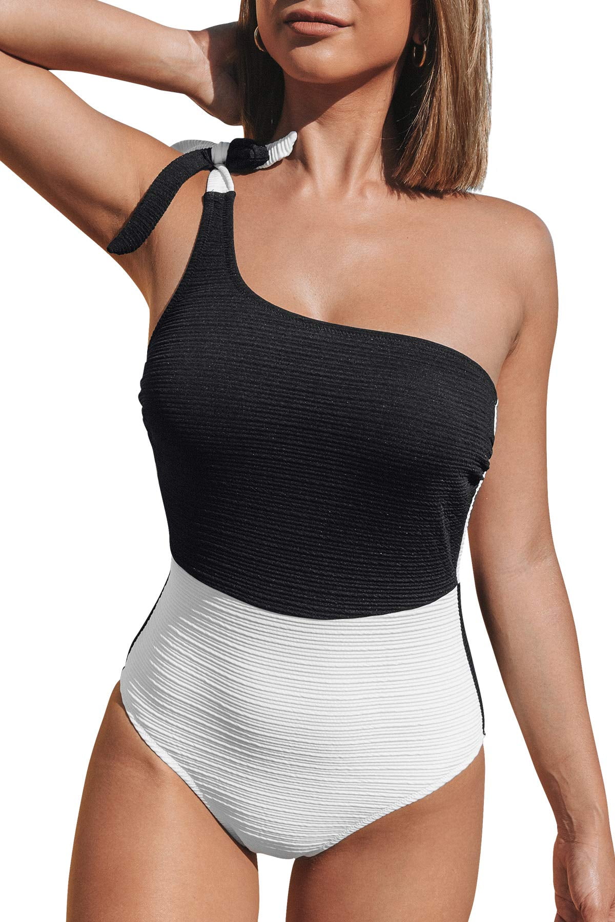 Cupshe Women's Black Color Block One Shoulder Bowknot OnePiece