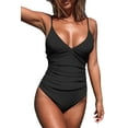 thumbnail image 1 of Cupshe Women's Black Ruched One Piece Swimsuit Plunging Neckline Monokini, XS, 1 of 5