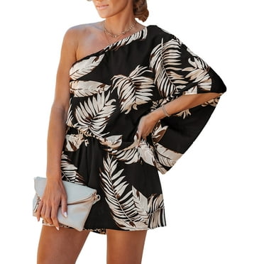 Cupshe Women's Black Tropical Leaf Print One-Shoulder Romper, Size S-XL