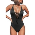 thumbnail image 1 of Cupshe Women's Black V Neck Vacation One Piece Swimsuit Lace up Monokini, m, 1 of 4